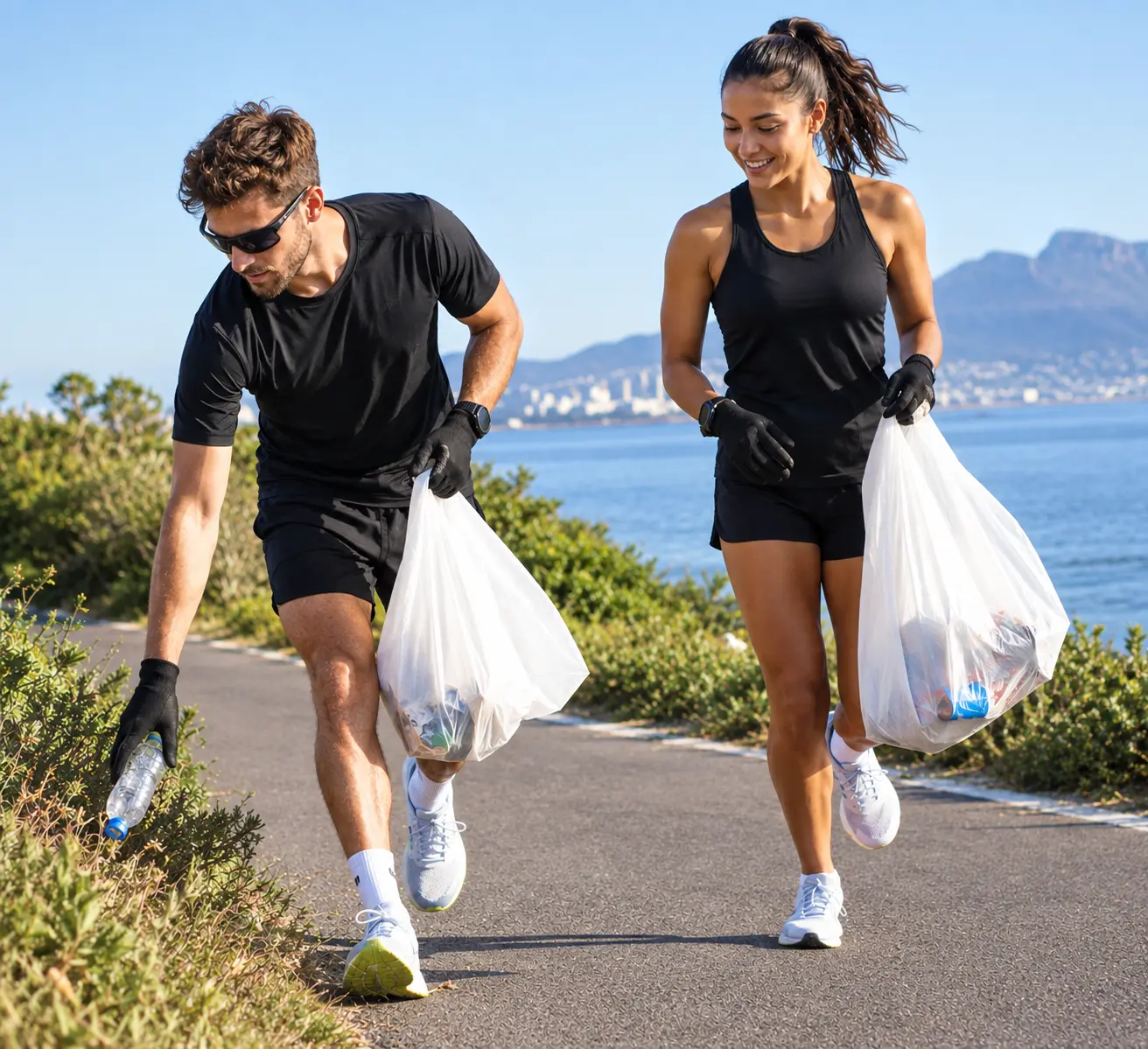 Runner picking up plastic on a trail